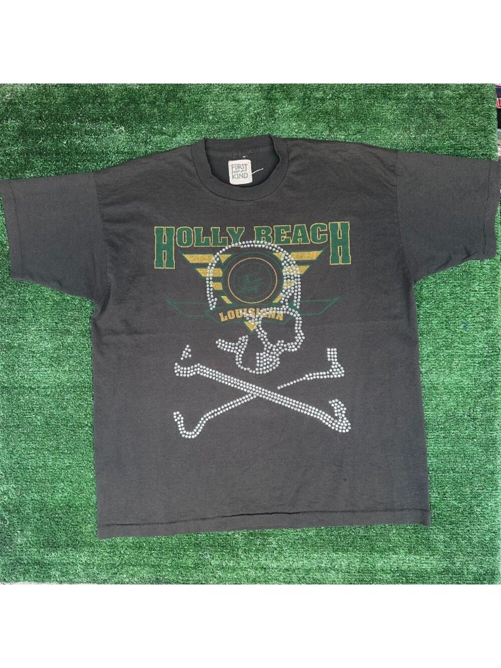 Vintage 90s Holly Beach Louisiana Skull T-Shirt Black XL Bedazzled Single Stitch